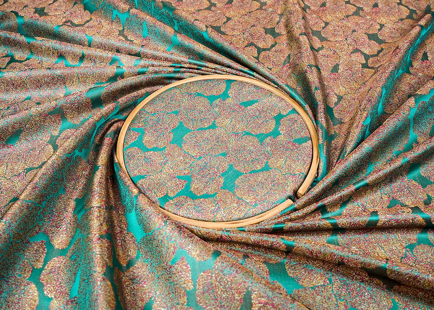 Green Banarasi Brocade Fabric With All Over Golden Zari Handloom 16504