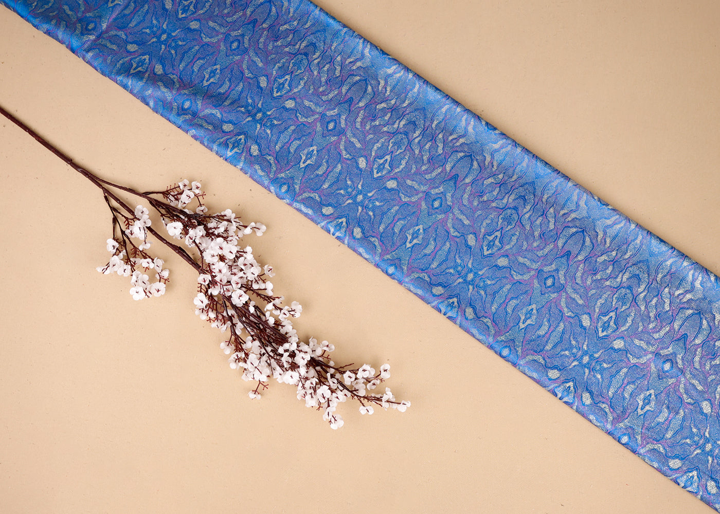 Blue Banarasi Brocade Fabric With All Over Golden Zari Handloom 16505