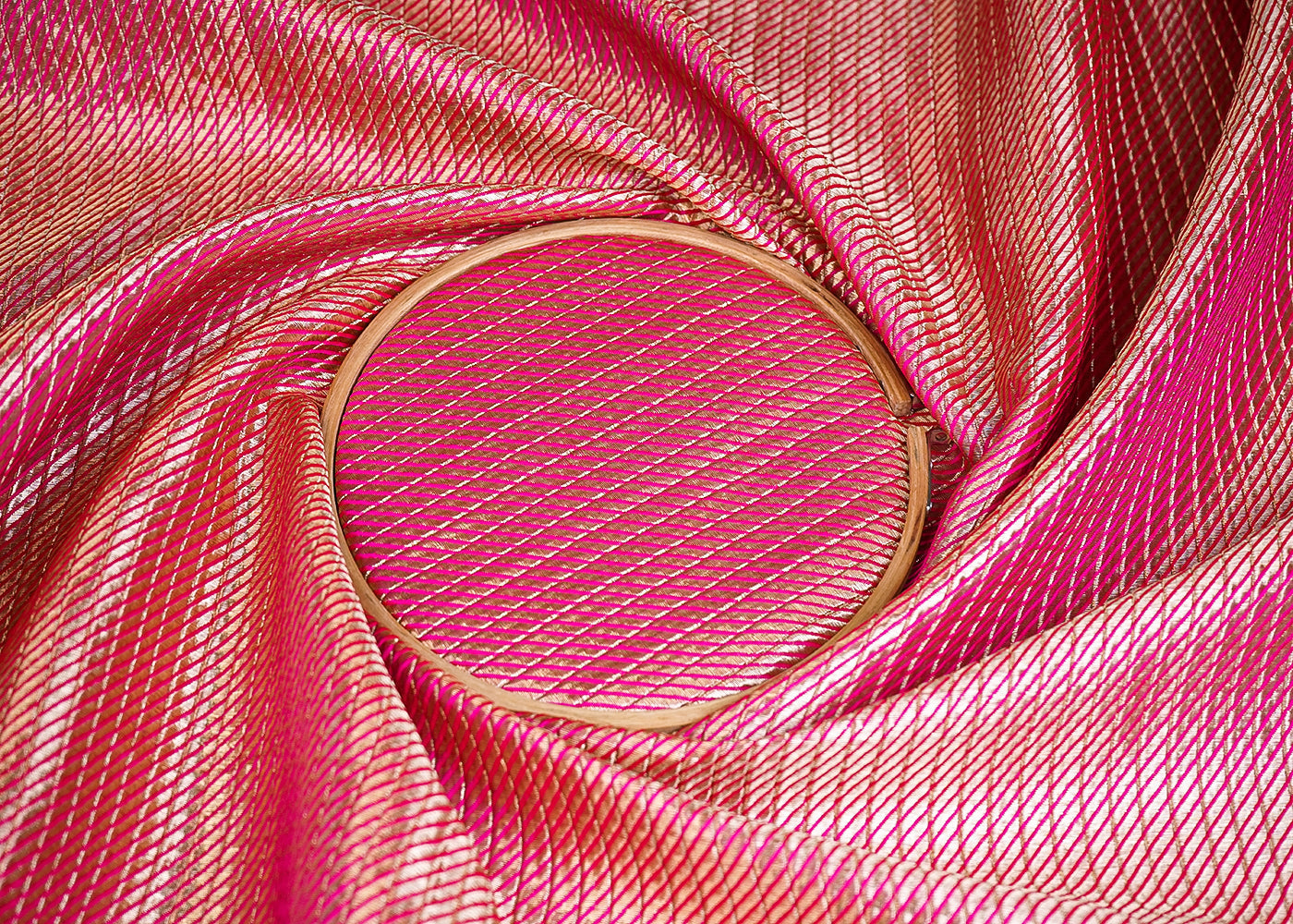 Pink Banarasi Silk Fabric With All Over Golden Zari Handloom 16510