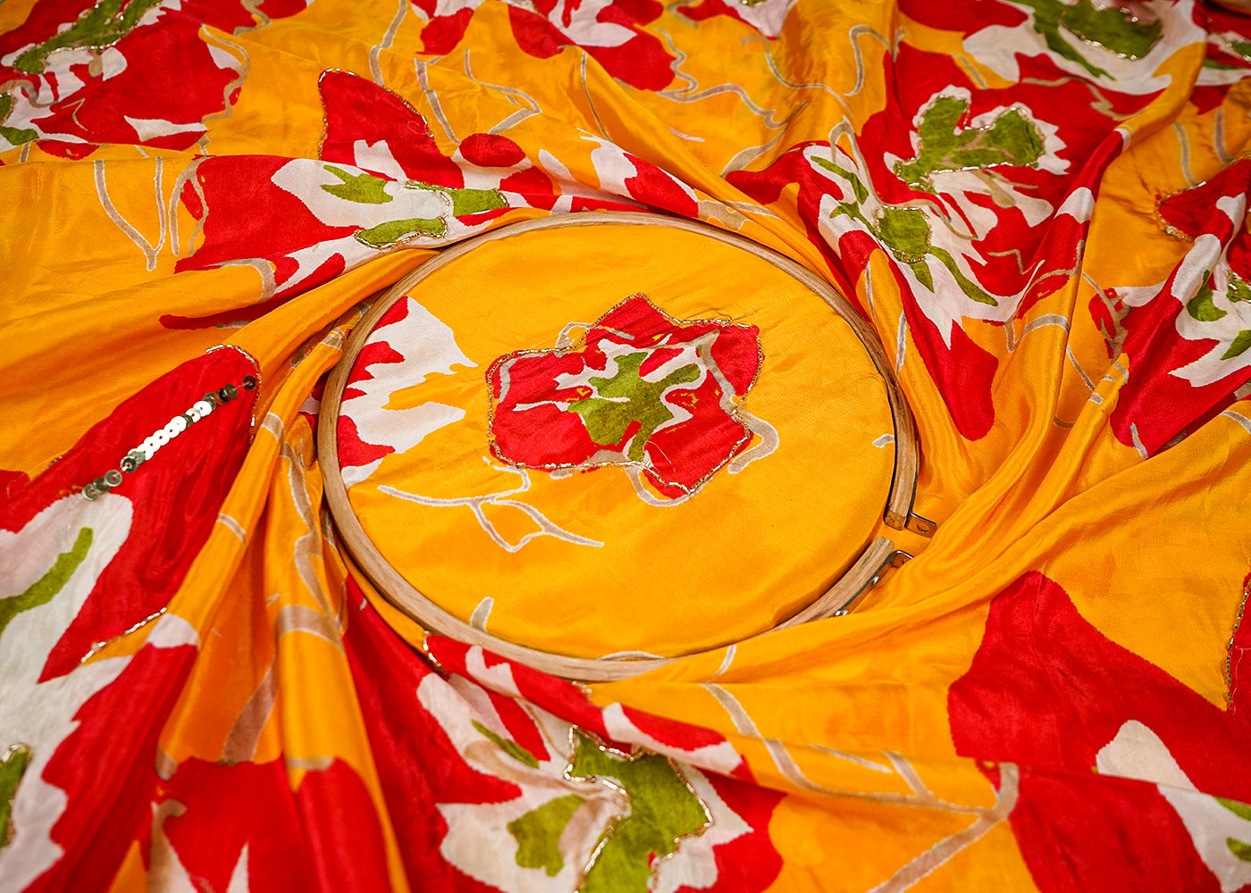 Yellow Crepe Fabric With All Over Floral Print And Katdana, Sequins Work 16521