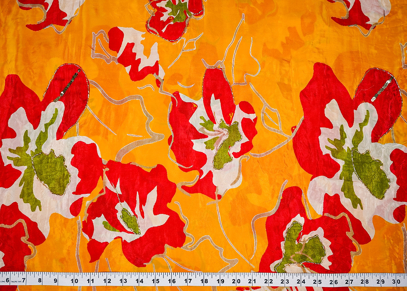 Yellow Crepe Fabric With All Over Floral Print And Katdana, Sequins Work 16521