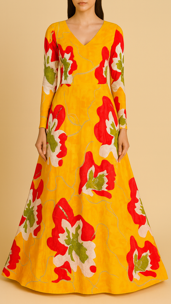 Yellow Crepe Fabric With All Over Floral Print And Katdana, Sequins Work 16521