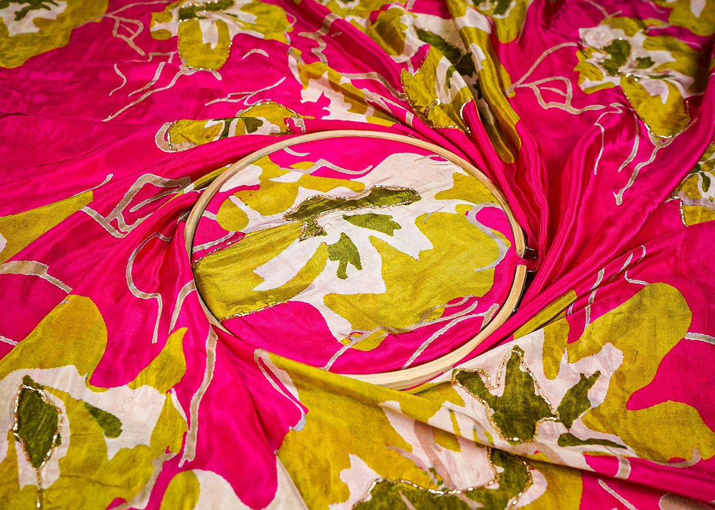 Pink Crepe Fabric With All Over Floral Print And Katdana Work 16522