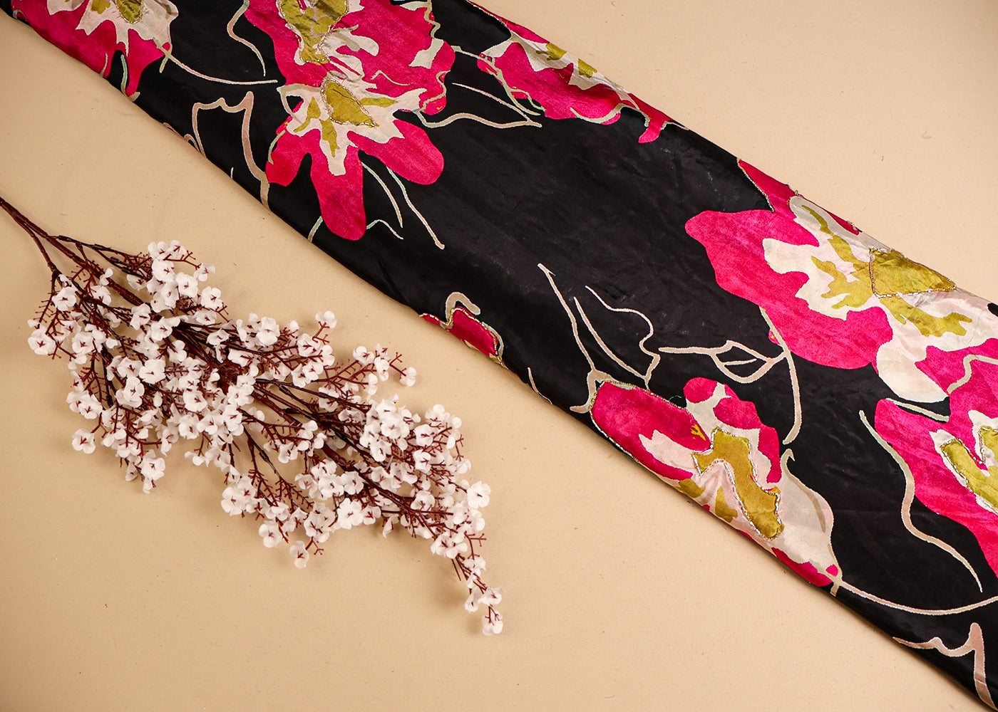 Black Crepe Fabric With All Over Floral Print And Katdana, Sequins Work 16523