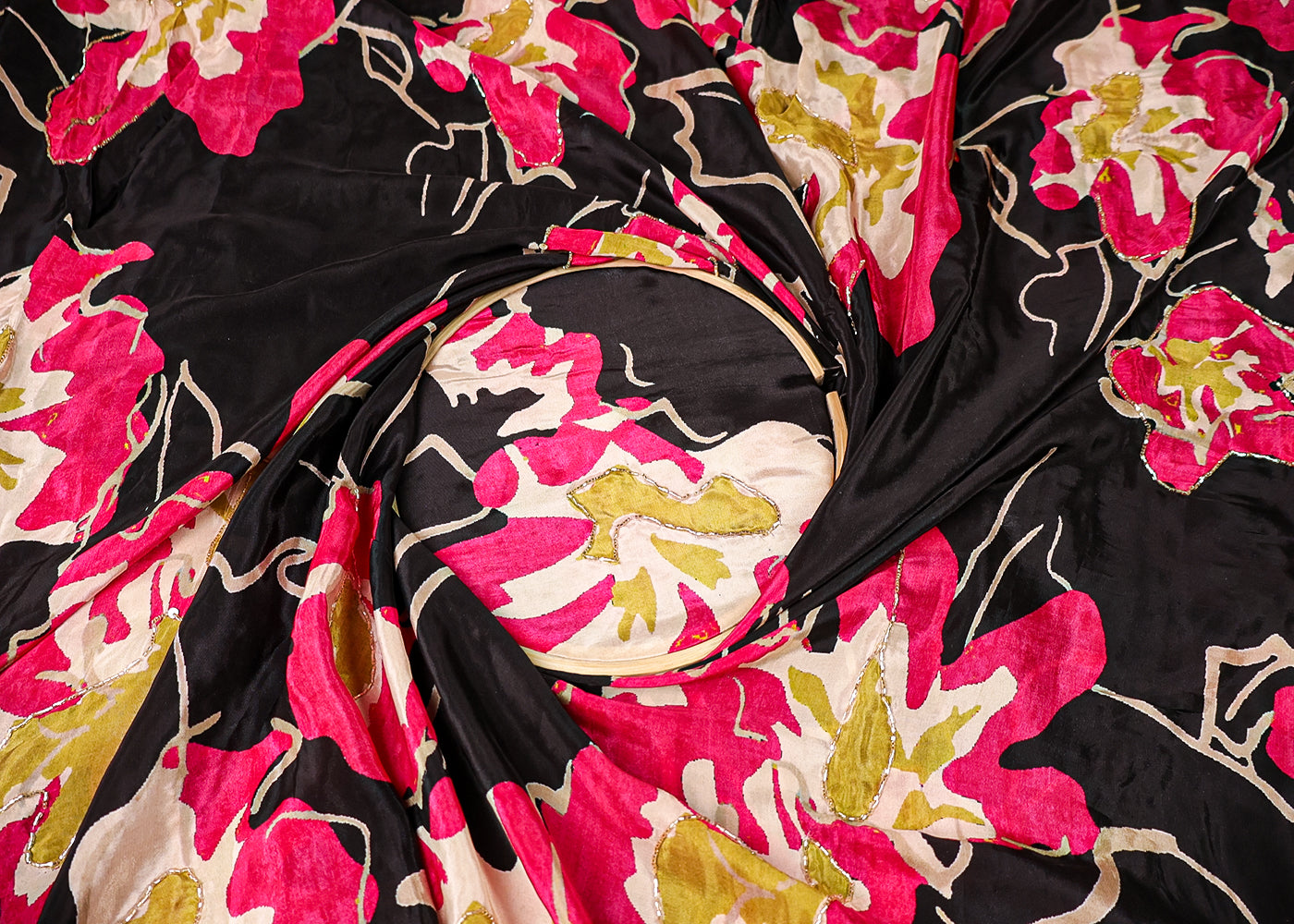 Black Crepe Fabric With All Over Floral Print And Katdana, Sequins Work 16523