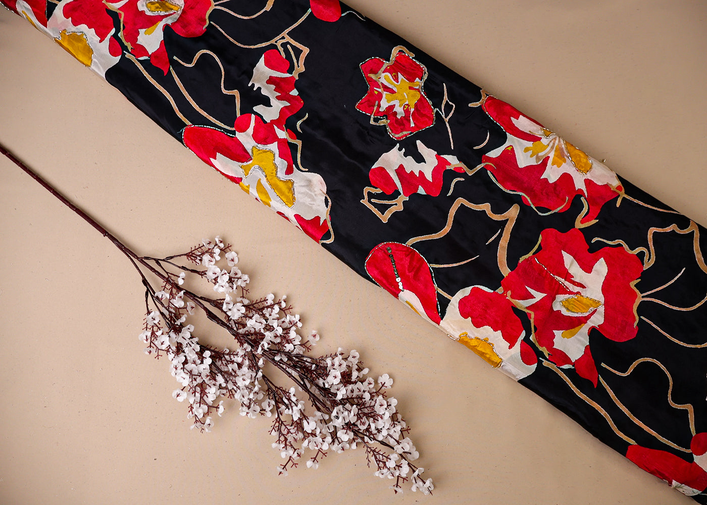 Black Crepe Fabric With All Over Floral Print And Katdana, Sequins Work 16524