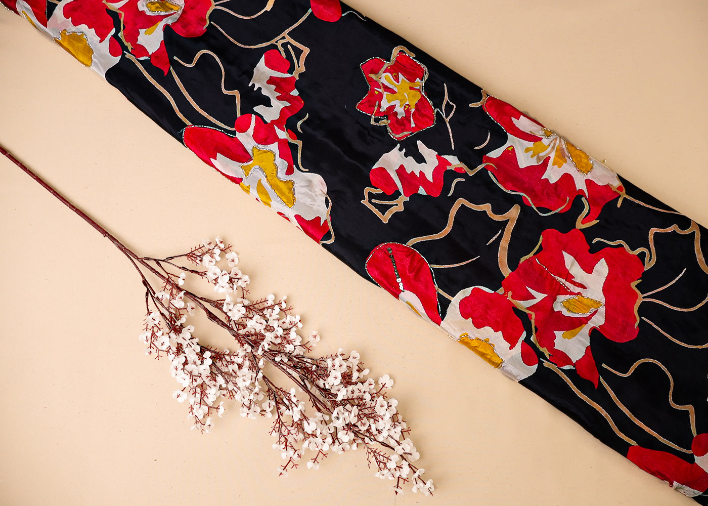 Black Crepe Fabric With All Over Floral Print And Katdana, Sequins Work 16524