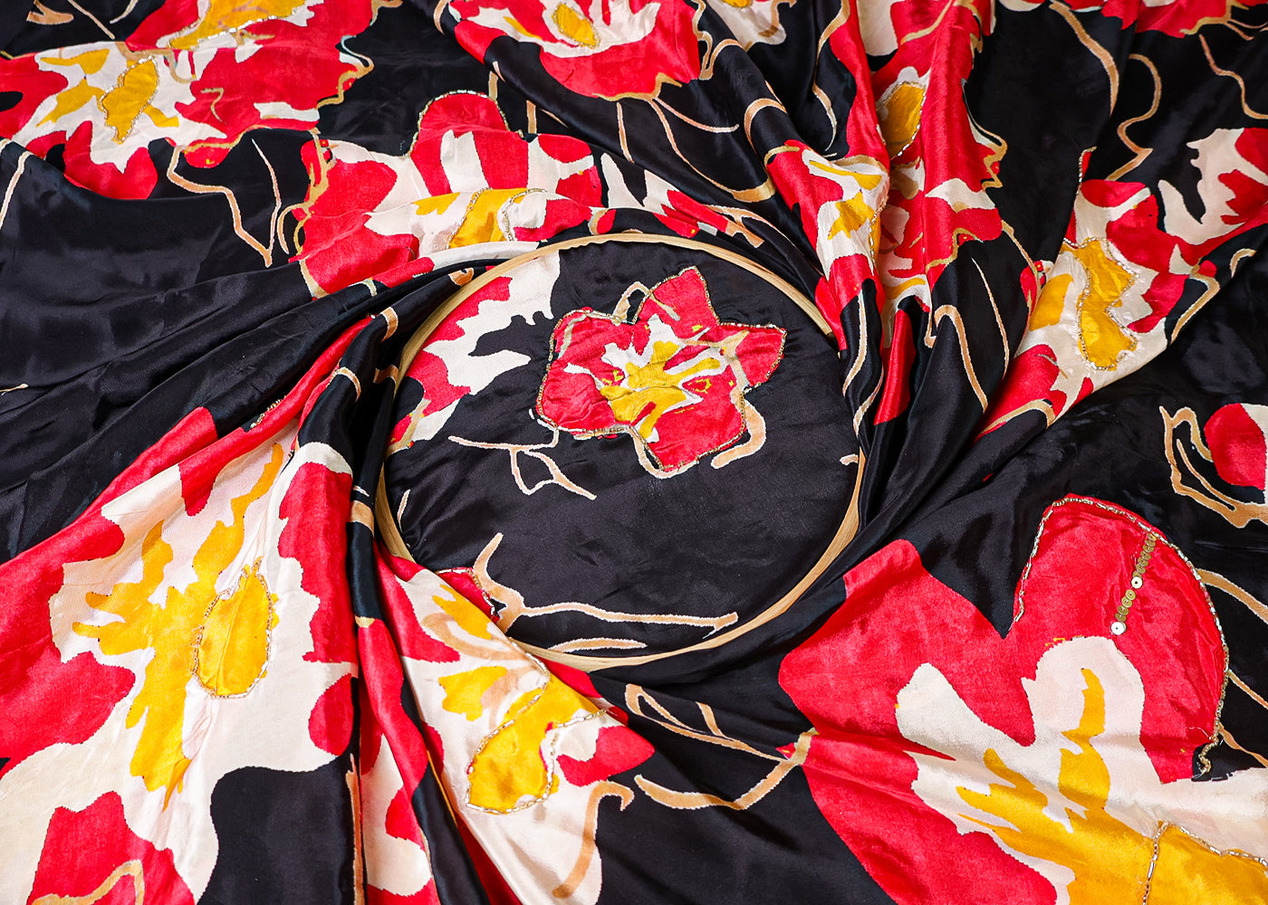 Black Crepe Fabric With All Over Floral Print And Katdana, Sequins Work 16524