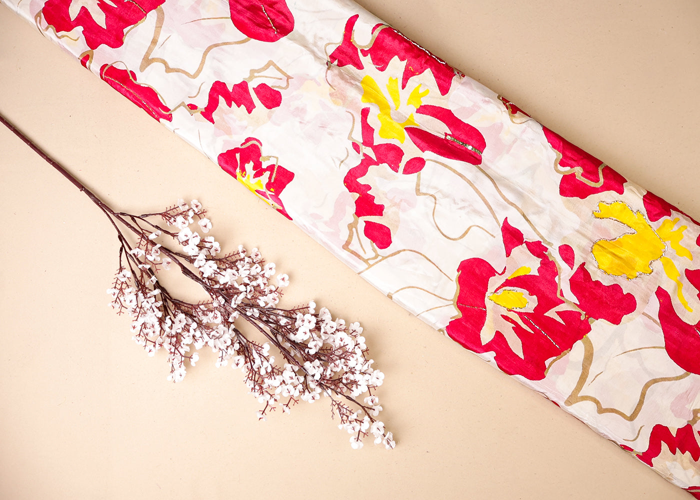 Off White Crepe Fabric With All Over Floral Print And Katdana, Sequins Work 16525
