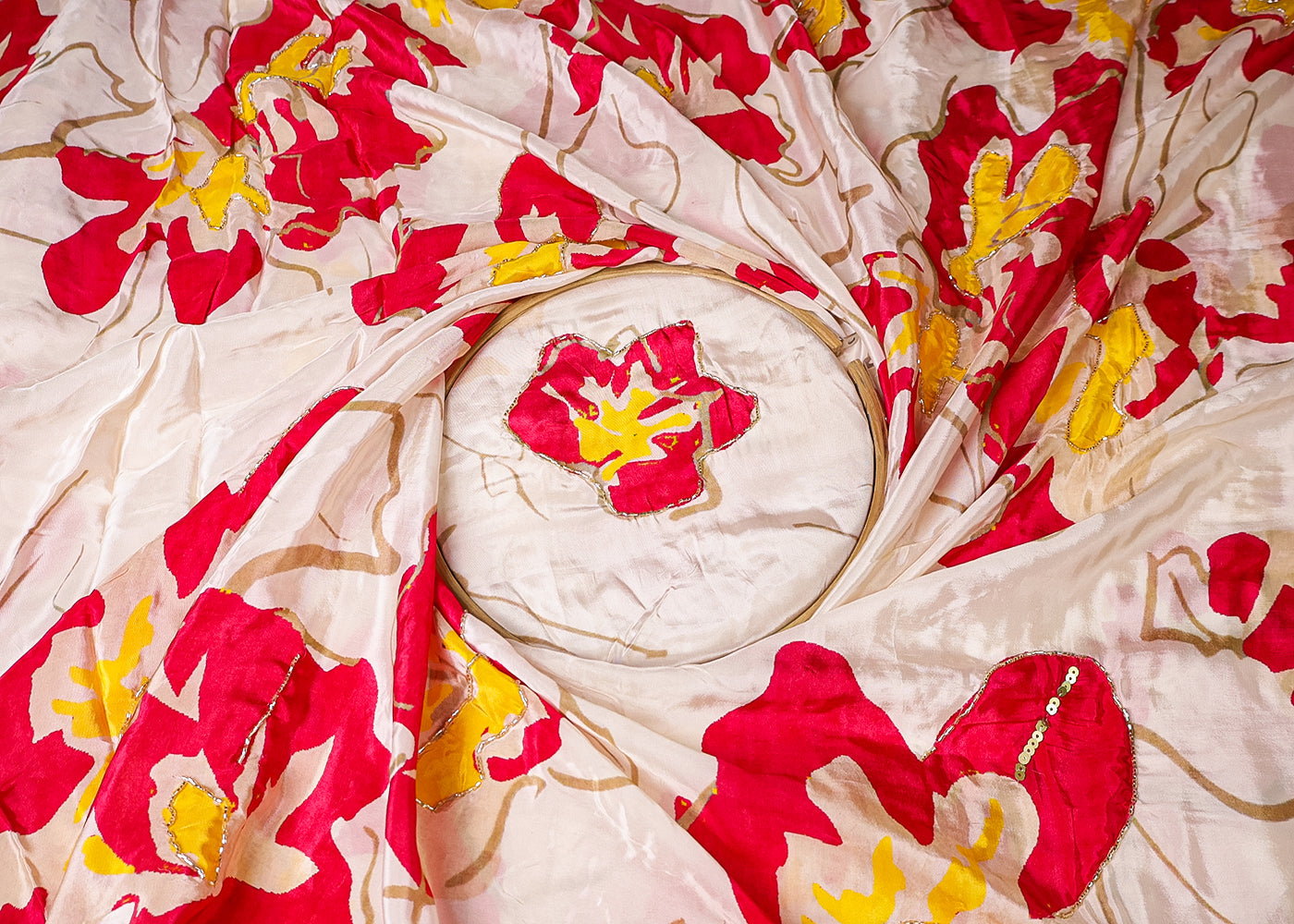 Off White Crepe Fabric With All Over Floral Print And Katdana, Sequins Work 16525