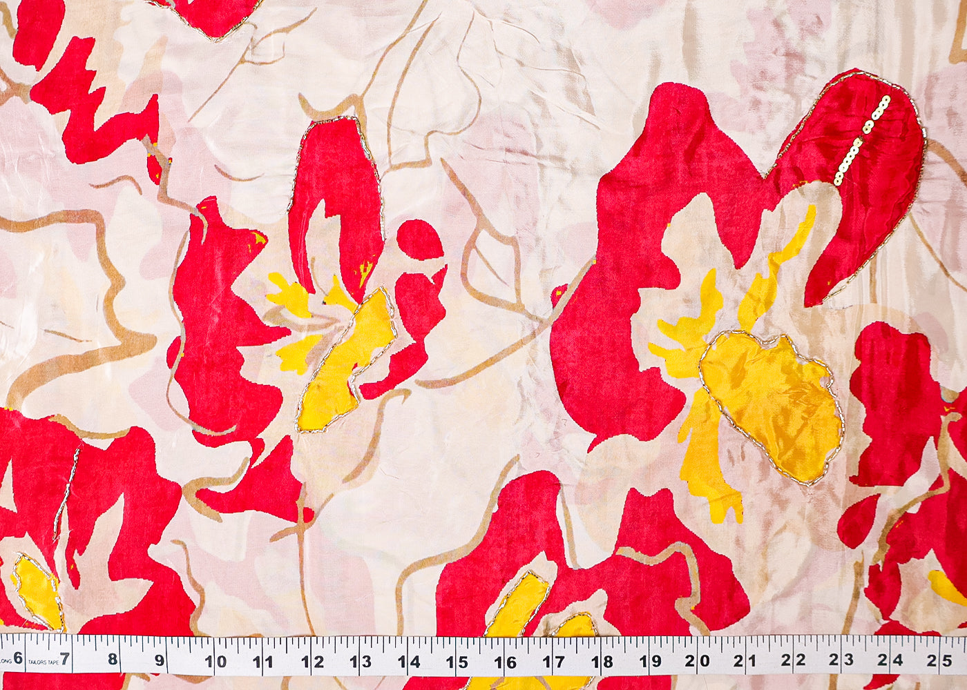 Off White Crepe Fabric With All Over Floral Print And Katdana, Sequins Work 16525