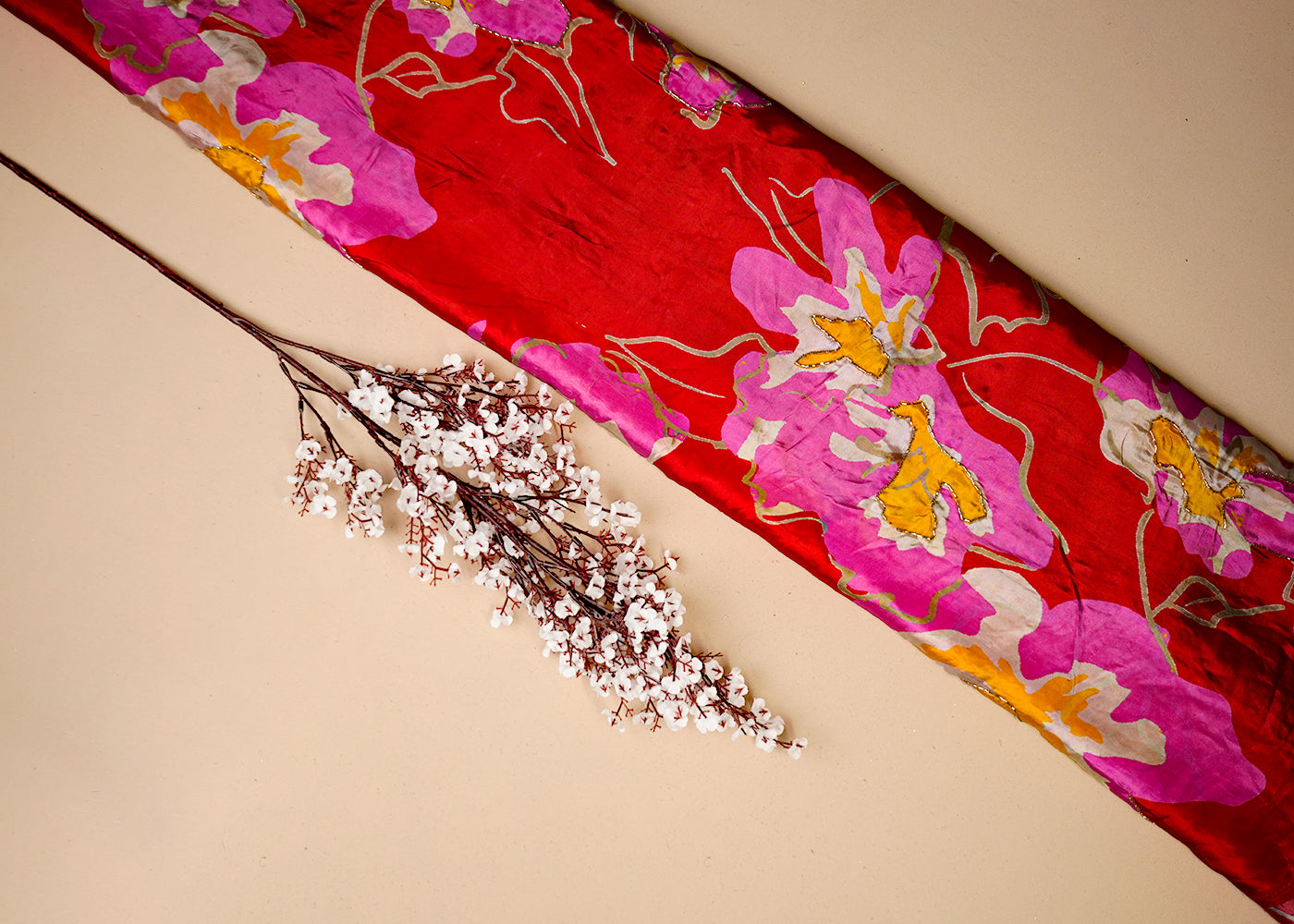 Red Crepe Fabric With All Over Floral Print And Katdana, Sequins Work 16526