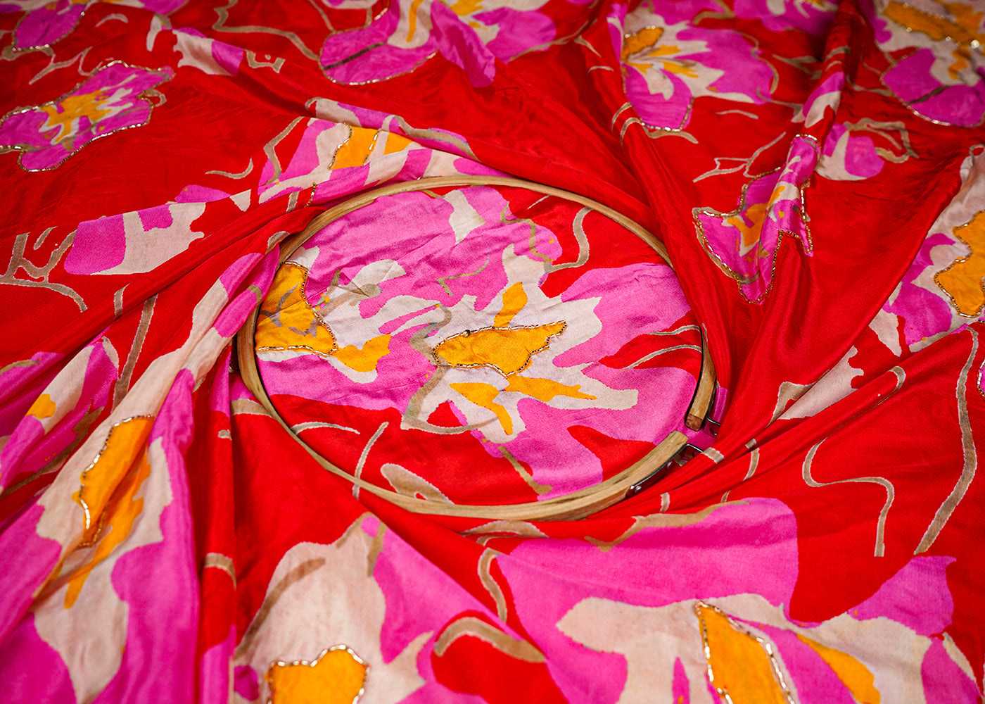 Red Crepe Fabric With All Over Floral Print And Katdana, Sequins Work 16526