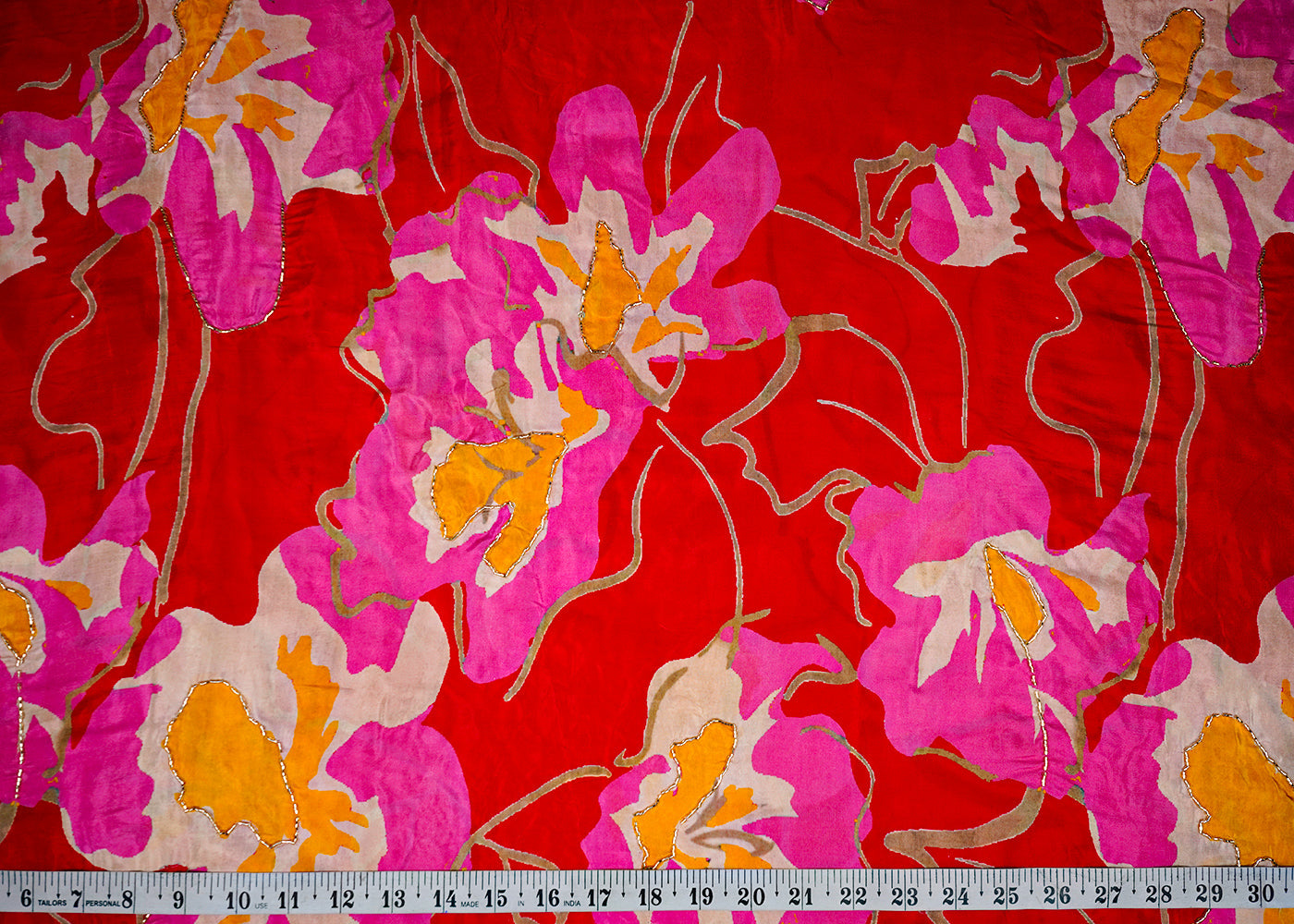 Red Crepe Fabric With All Over Floral Print And Katdana, Sequins Work 16526