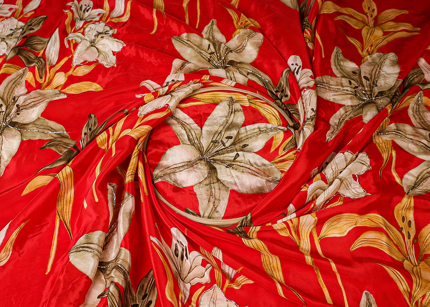 Red Crepe Fabric With All Over Floral Print And Katdana Work 16527