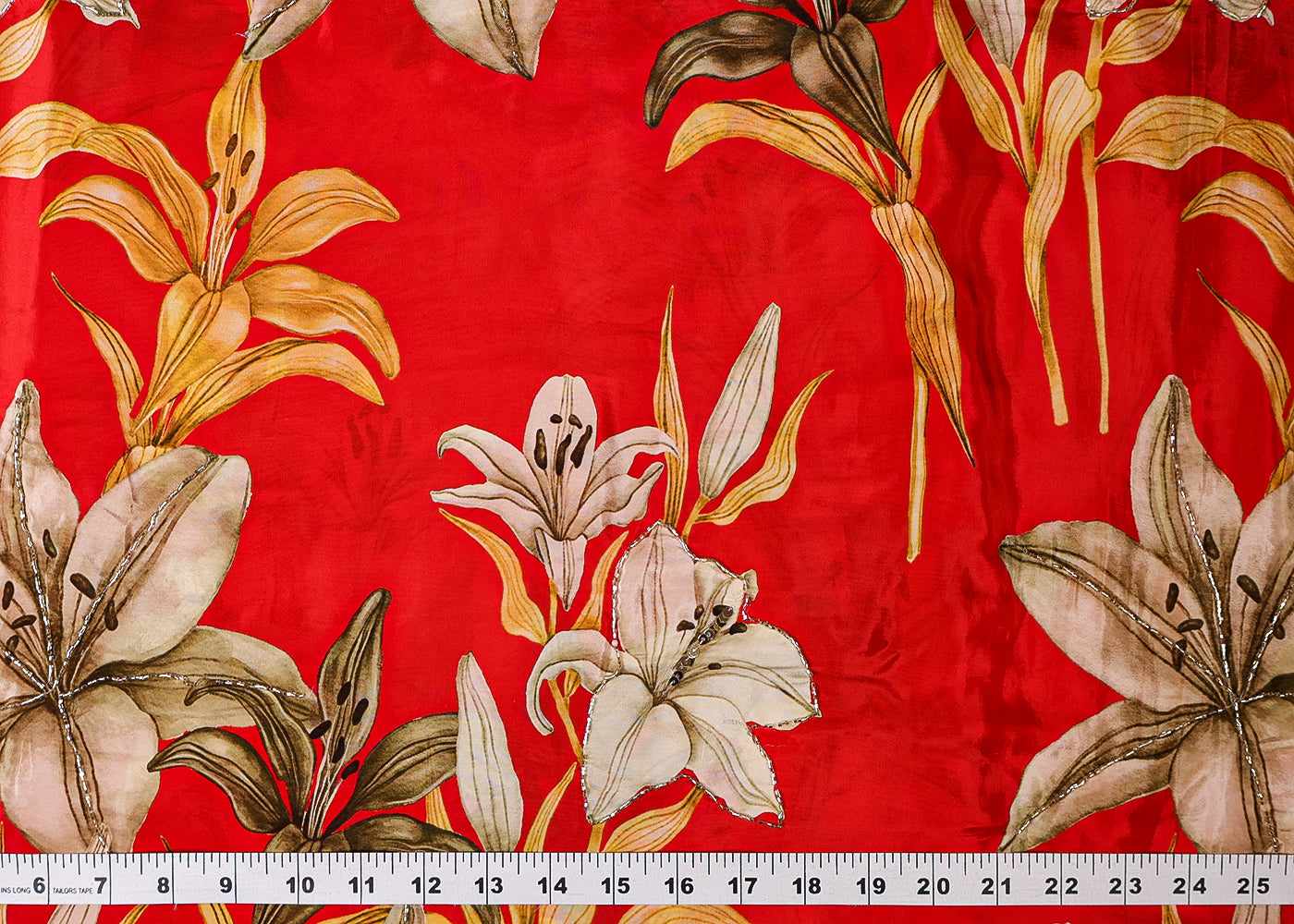 Red Crepe Fabric With All Over Floral Print And Katdana Work 16527