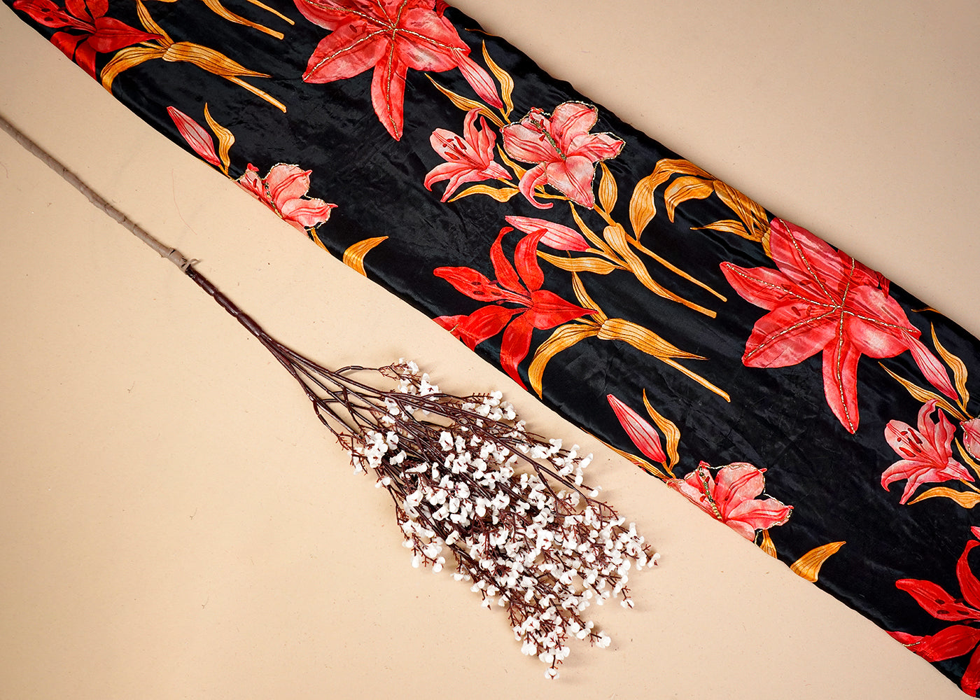 Black Crepe Fabric With All Over Floral Print And Katdana Work 16528
