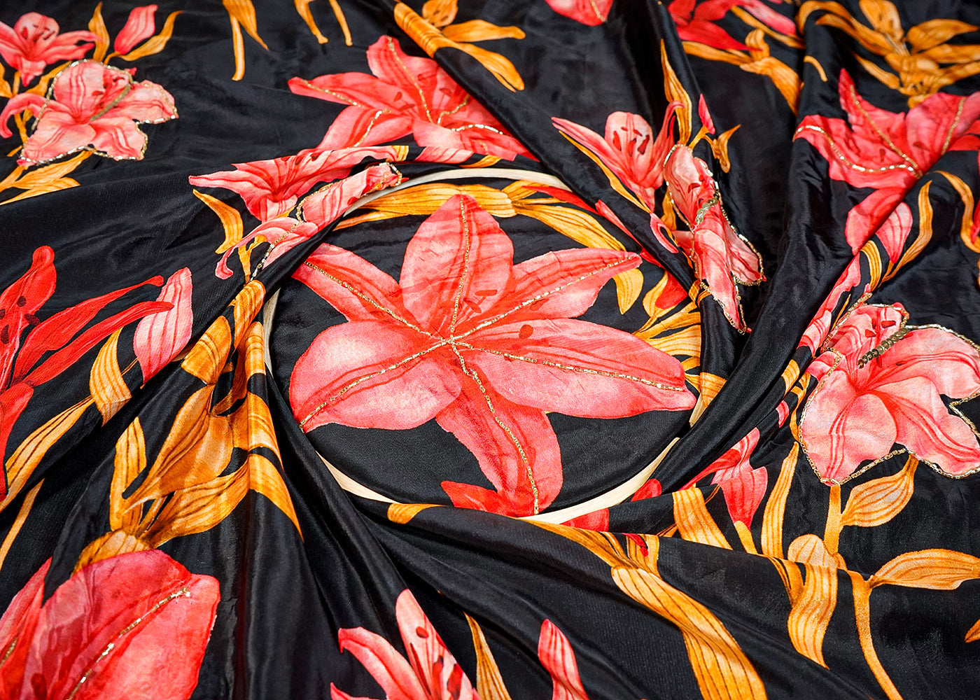 Black Crepe Fabric With All Over Floral Print And Katdana Work 16528