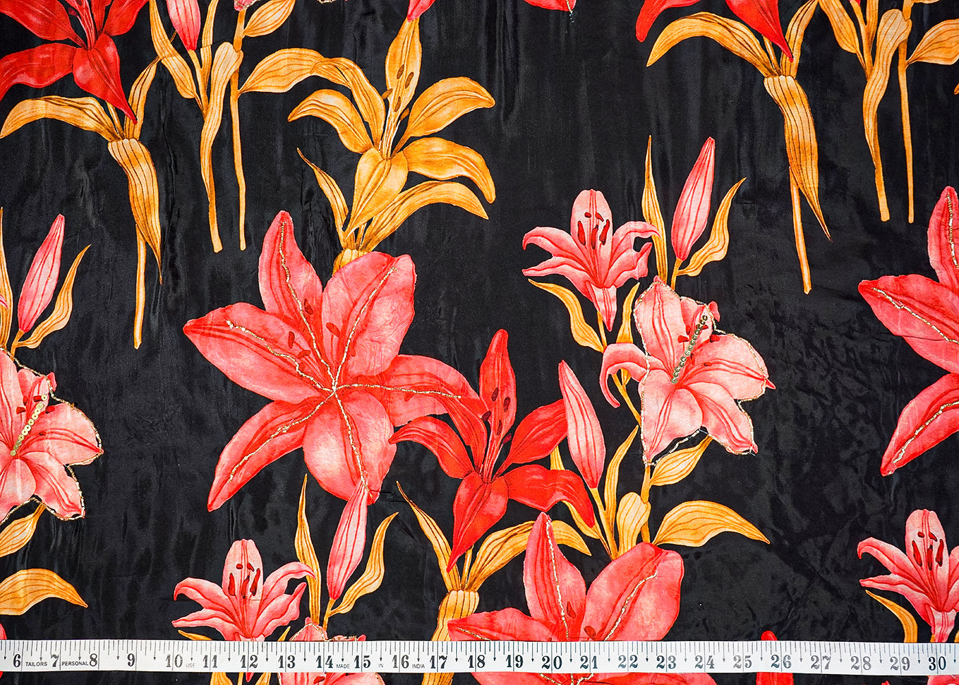 Black Crepe Fabric With All Over Floral Print And Katdana Work 16528