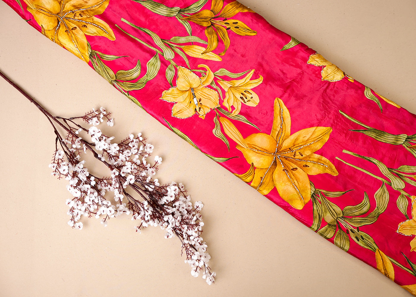 Pink Crepe Fabric With All Over Floral Print And Katdana Work 16529