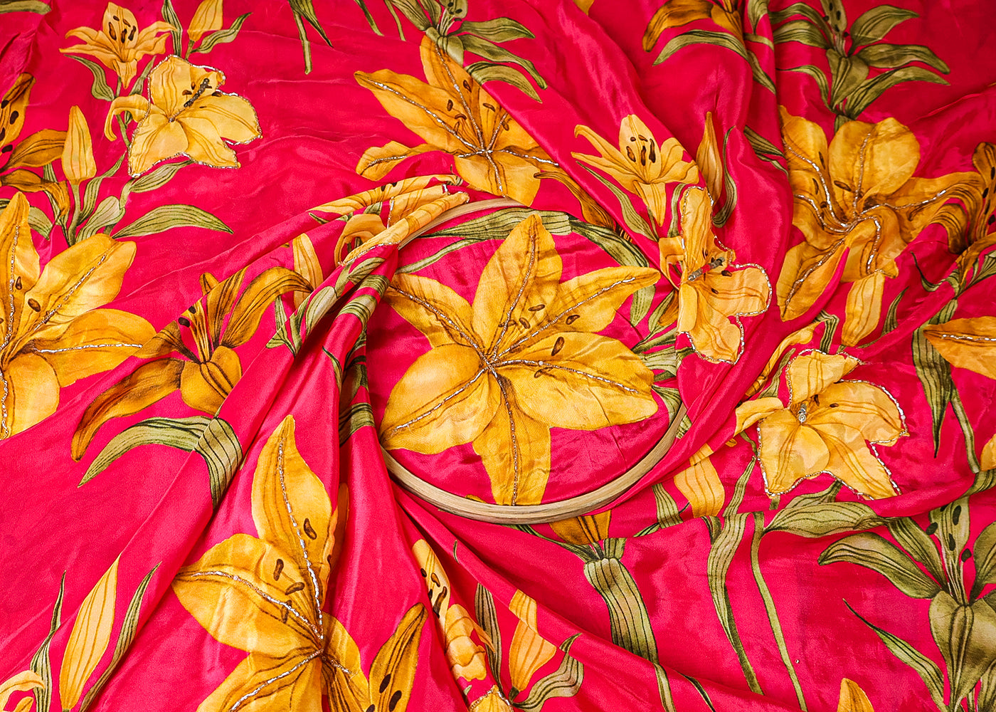 Pink Crepe Fabric With All Over Floral Print And Katdana Work 16529