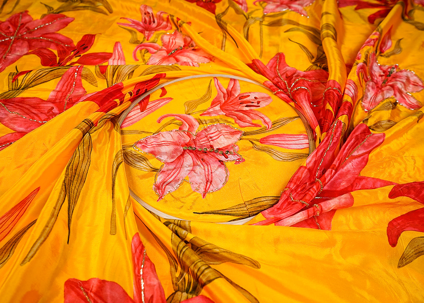 Yellow Crepe Fabric With All Over Floral Print And Katdana Work 16530