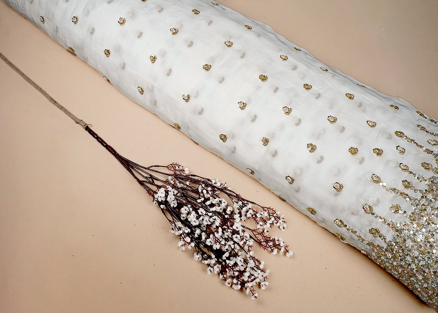 White Georgette Fabric With All Over Zari, Sequins And Bead Work With One Side Heavy Border 16536