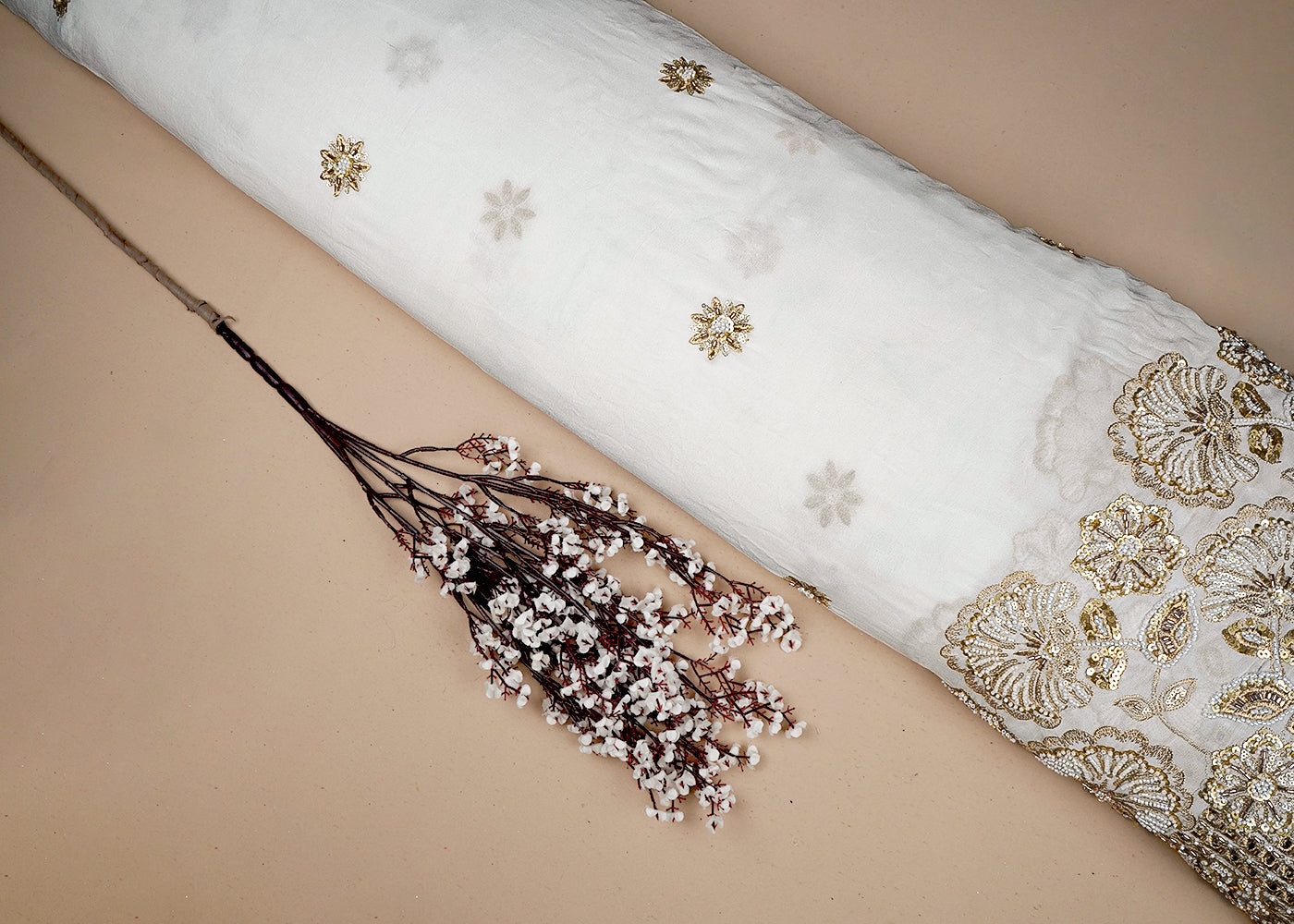 White Georgette Fabric With All Over Zari, Sequins And Bead Work With One Side Cutwork Border 16537