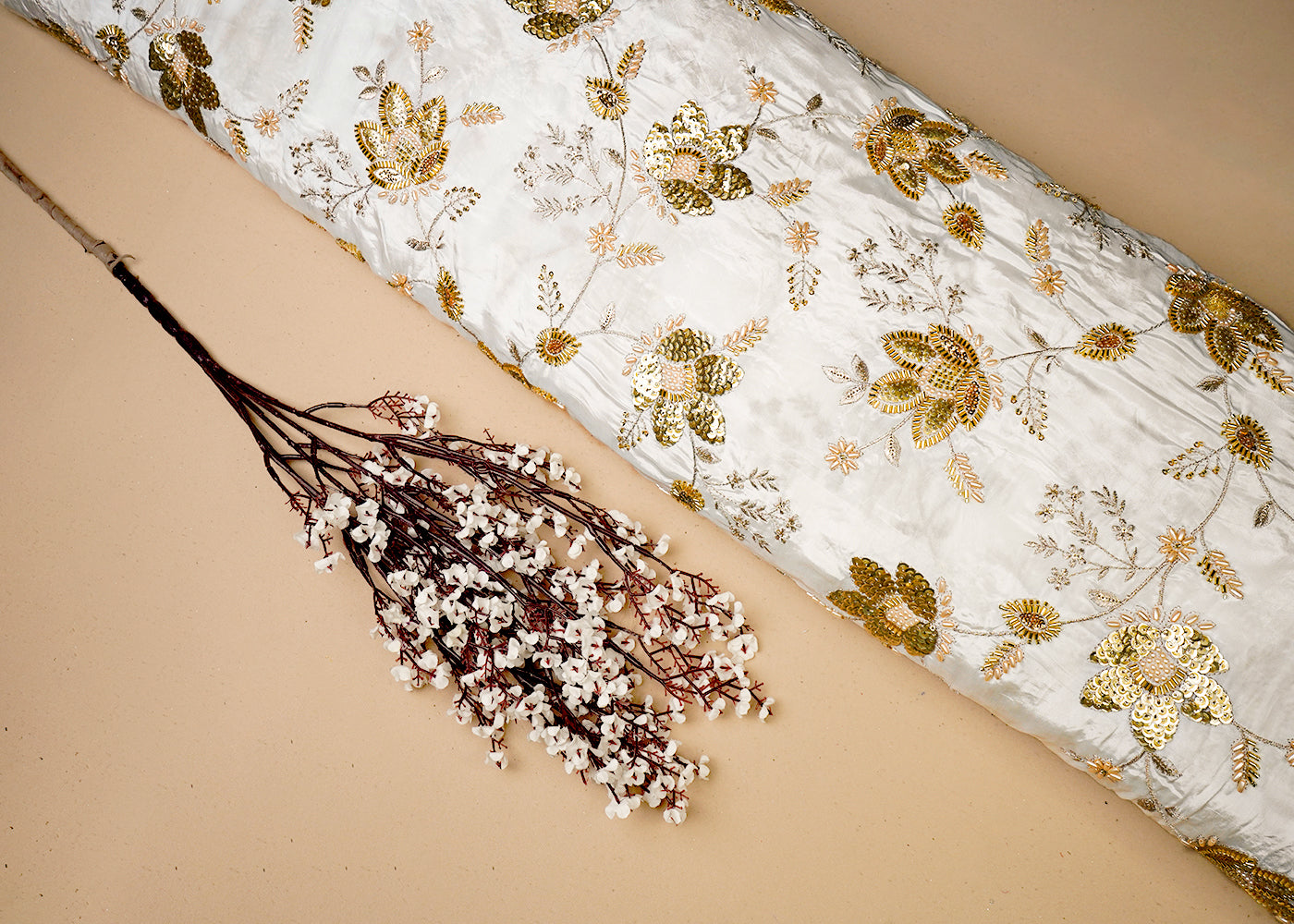 White Organza Fabric With All Over Zari, Sequins, Katdana And Bead Work 16538