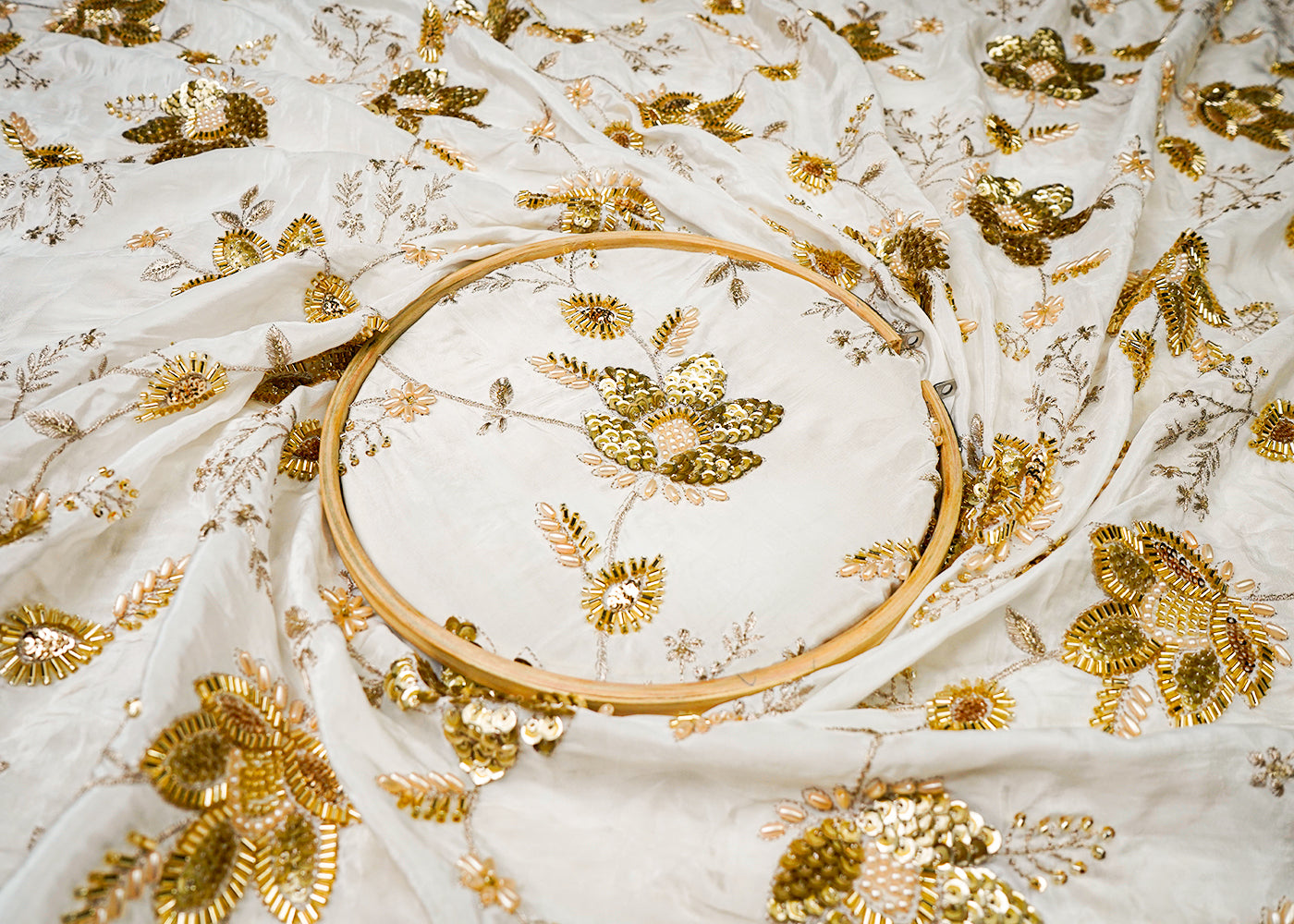 White Organza Fabric With All Over Zari, Sequins, Katdana And Bead Work 16538