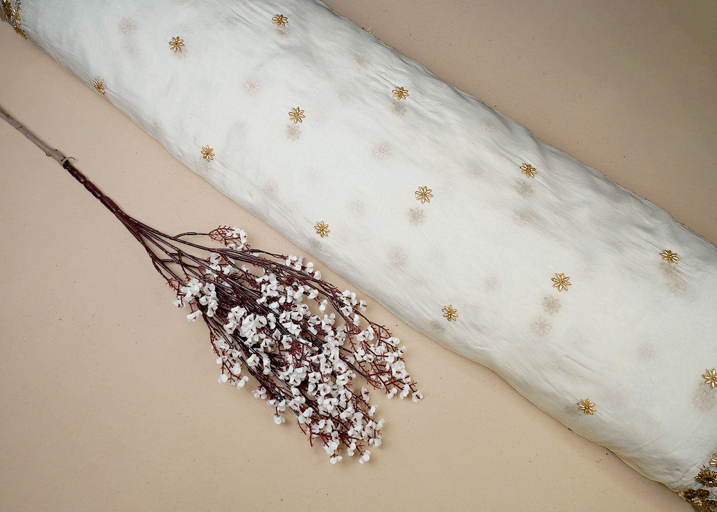 White Organza Fabric With All Over Zari, Sequins And Bead Work With Two Side Scalloped Border 16539