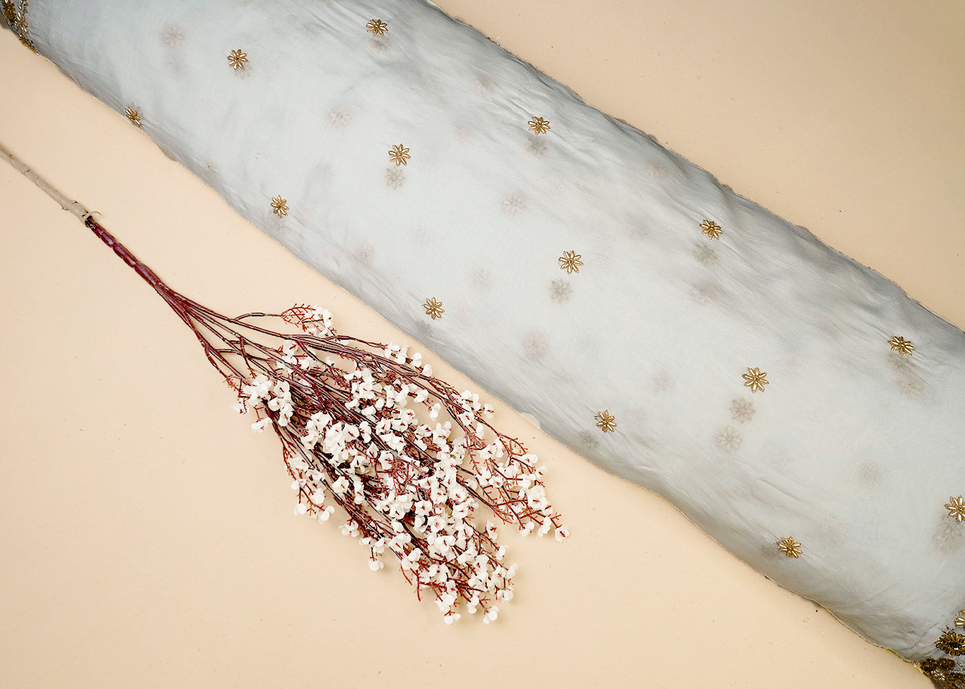 White Organza Dupatta Fabric With All Over Zari, Sequins And Bead Work With Two Side Scalloped Border 16539