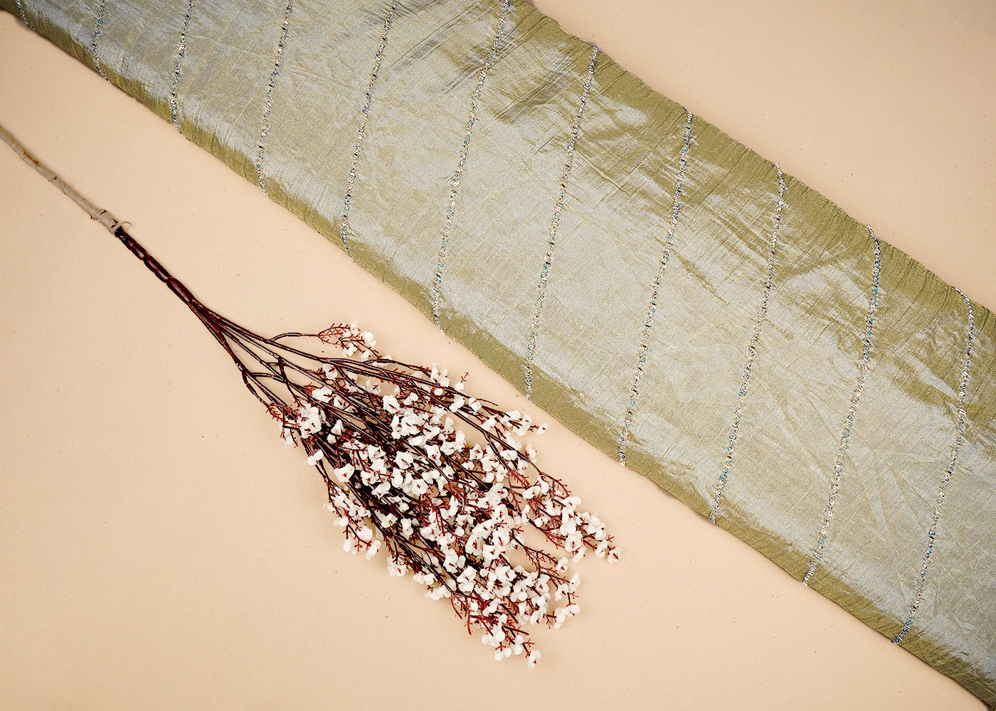 Golden Crushed Tissue Fabric With All Over Diagonal Stripes Of Katdana, Bead And Sequins Work 16540