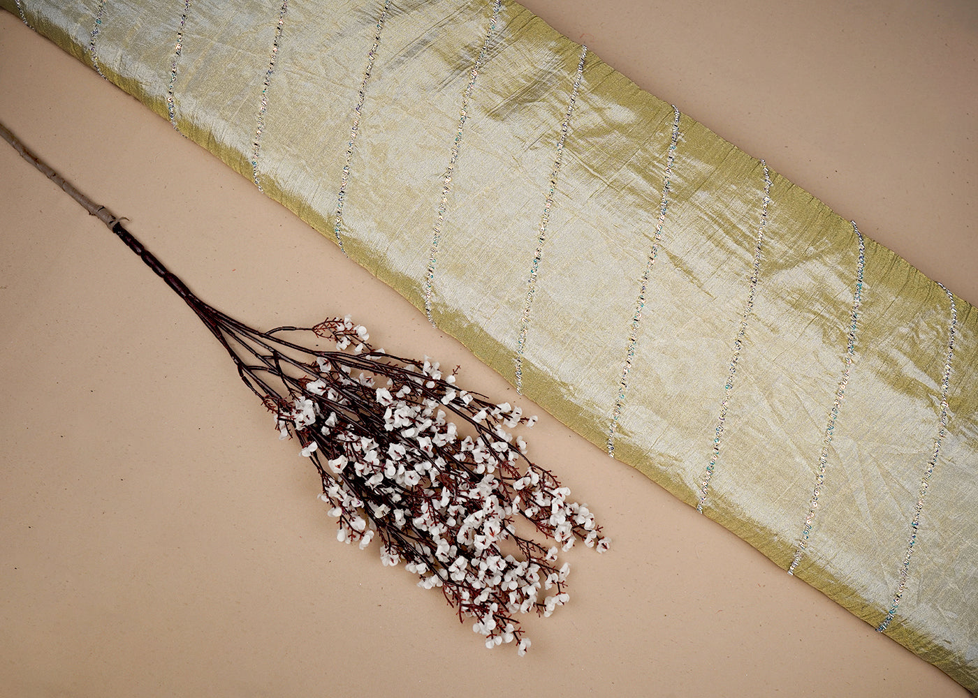 Golden Crushed Tissue Fabric With All Over Diagonal Stripes Of Katdana, Bead And Sequins Work 16540