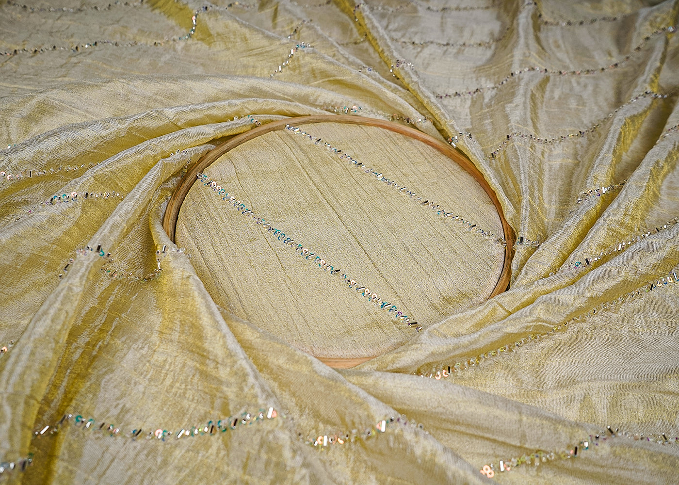 Golden Crushed Tissue Fabric With All Over Diagonal Stripes Of Katdana, Bead And Sequins Work 16540