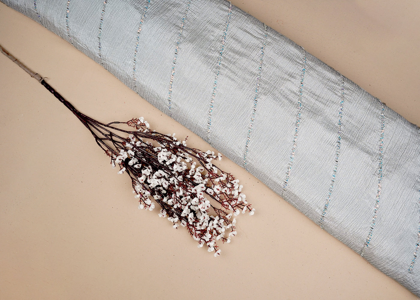 Silver Crushed Tissue Fabric With All Over Diagonal Stripes Of Katdana, Bead And Sequins Work 16541