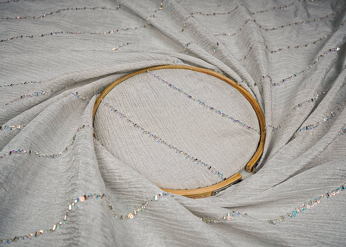 Silver Crushed Tissue Fabric With All Over Diagonal Stripes Of Katdana, Bead And Sequins Work 16541