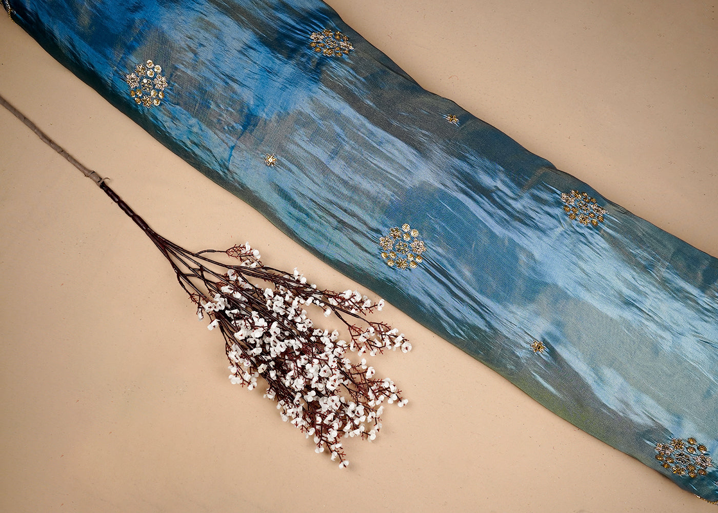 Blue & Green Crepe Ombre Fabric With All Over Zari, Sequins And Bead Work With Two Side Scalloped Border 16542