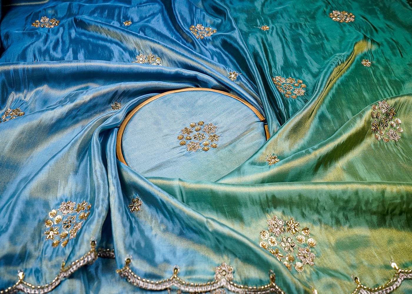 Blue & Green Crepe Ombre Fabric With All Over Zari, Sequins And Bead Work With Two Side Scalloped Border 16542