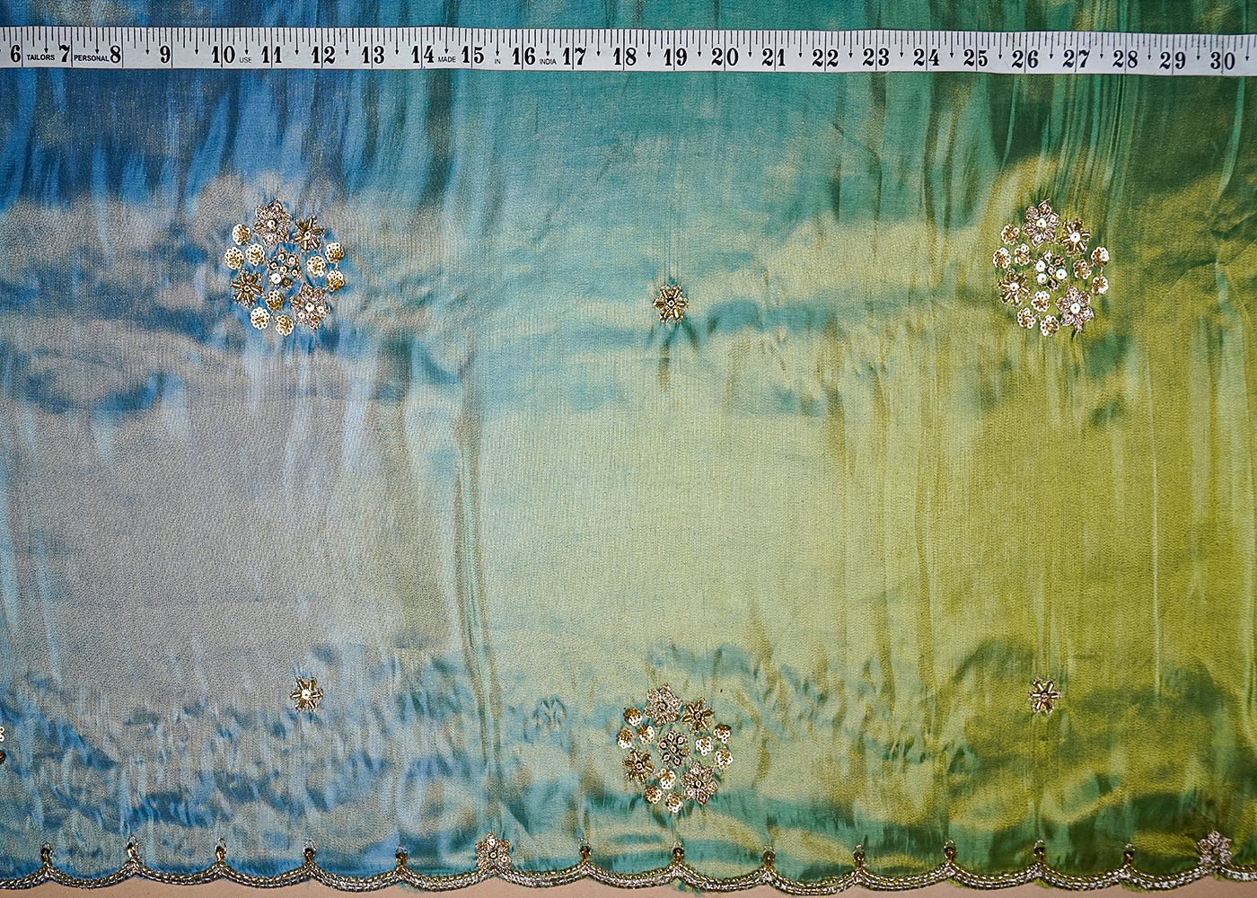 Blue & Green Crepe Ombre Fabric With All Over Zari, Sequins And Bead Work With Two Side Scalloped Border 16542