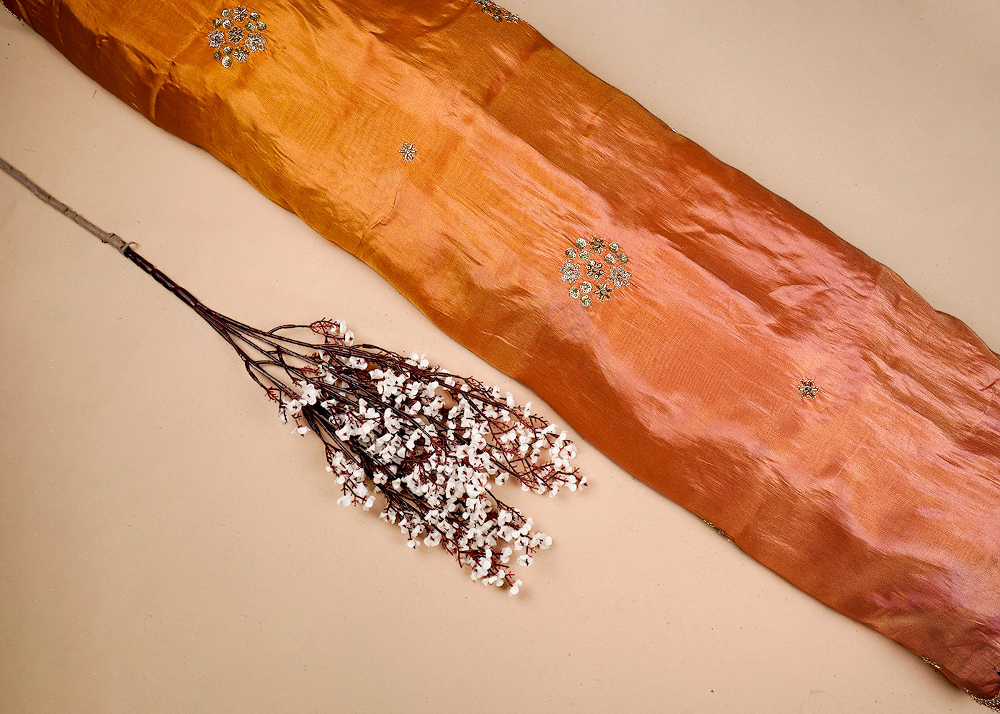 Peach & Yellow Crepe Ombre Fabric With All Over Zari, Sequins And Bead Work With Two Side Scalloped Border 16543