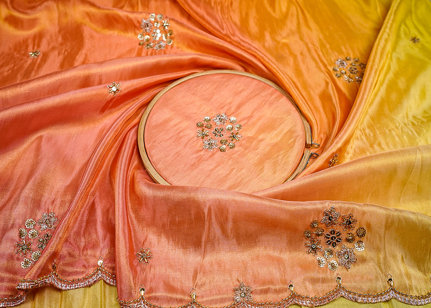 Peach & Yellow Crepe Ombre Fabric With All Over Zari, Sequins And Bead Work With Two Side Scalloped Border 16543