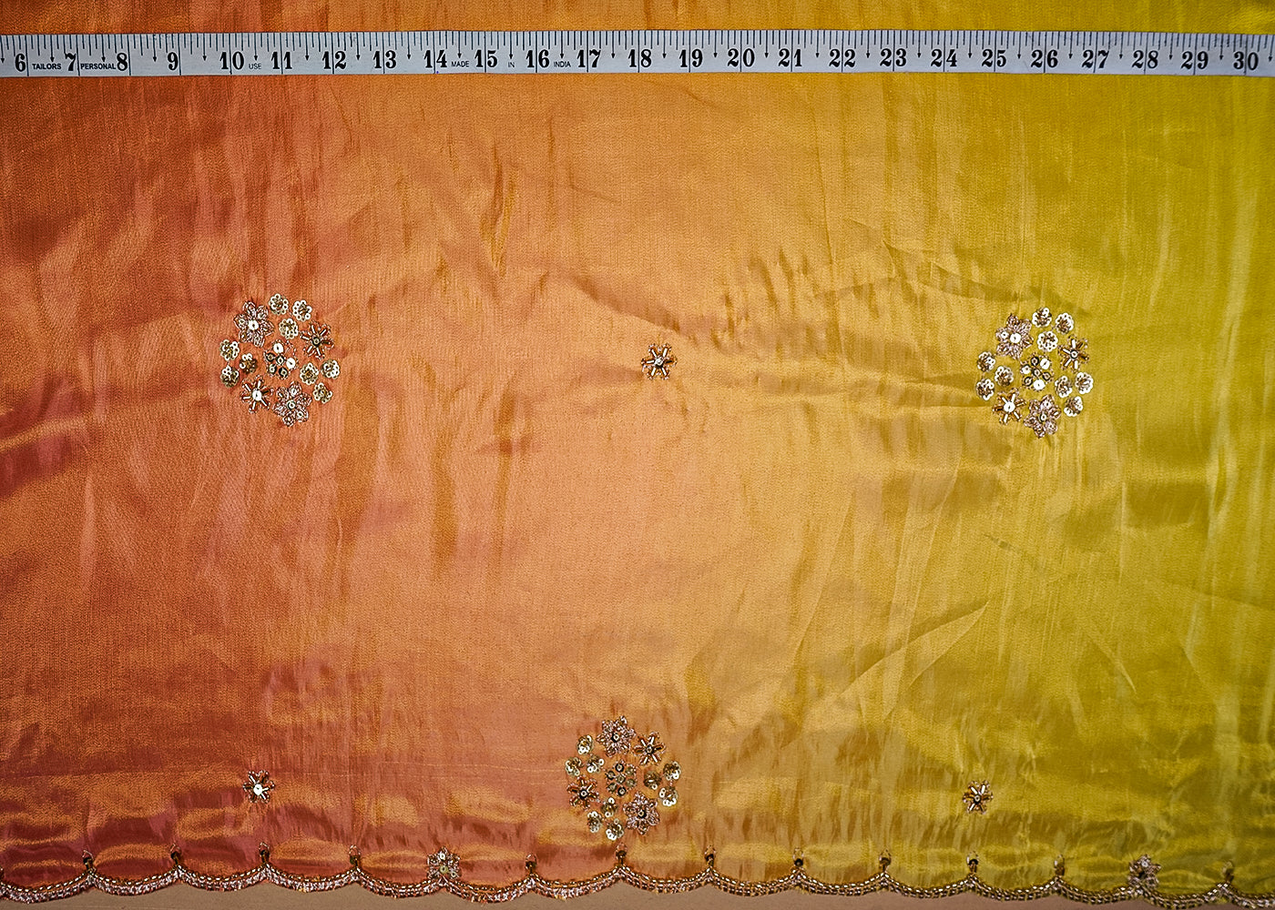 Peach & Yellow Crepe Ombre Fabric With All Over Zari, Sequins And Bead Work With Two Side Scalloped Border 16543