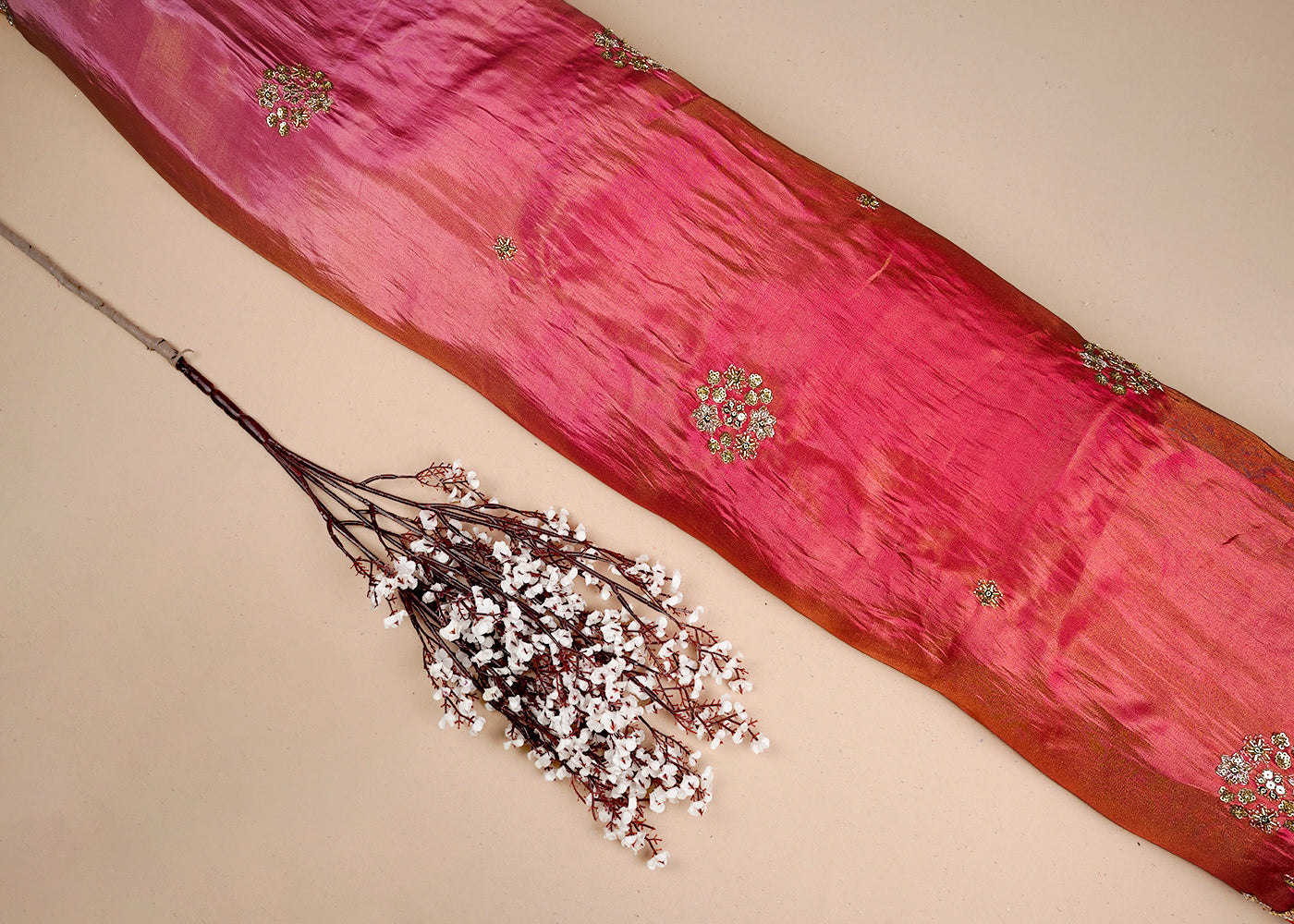 Pink & Dark Yellow Crepe Ombre Fabric With All Over Zari, Sequins And Bead Work With Two Side Scalloped Border 16544