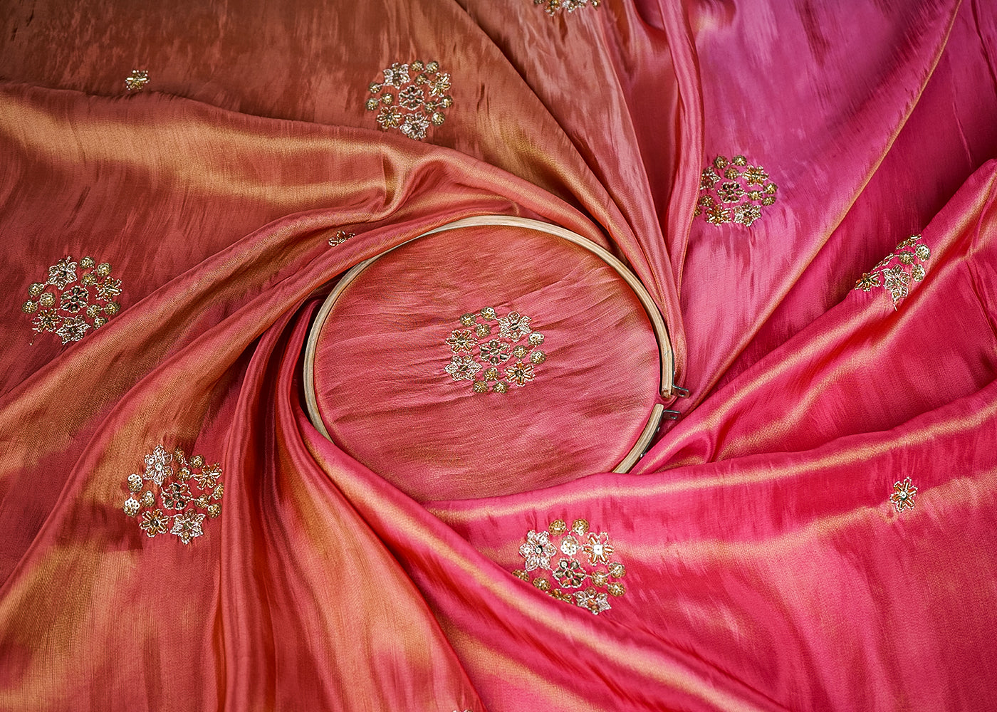 Pink & Dark Yellow Crepe Ombre Fabric With All Over Zari, Sequins And Bead Work With Two Side Scalloped Border 16544