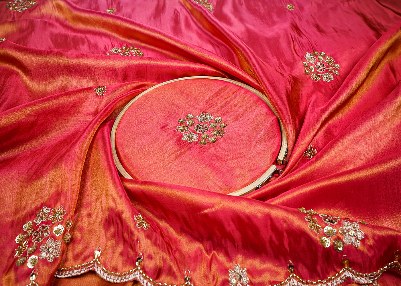 Pink & Dark Yellow Crepe Ombre Fabric With All Over Zari, Sequins And Bead Work With Two Side Scalloped Border 16544