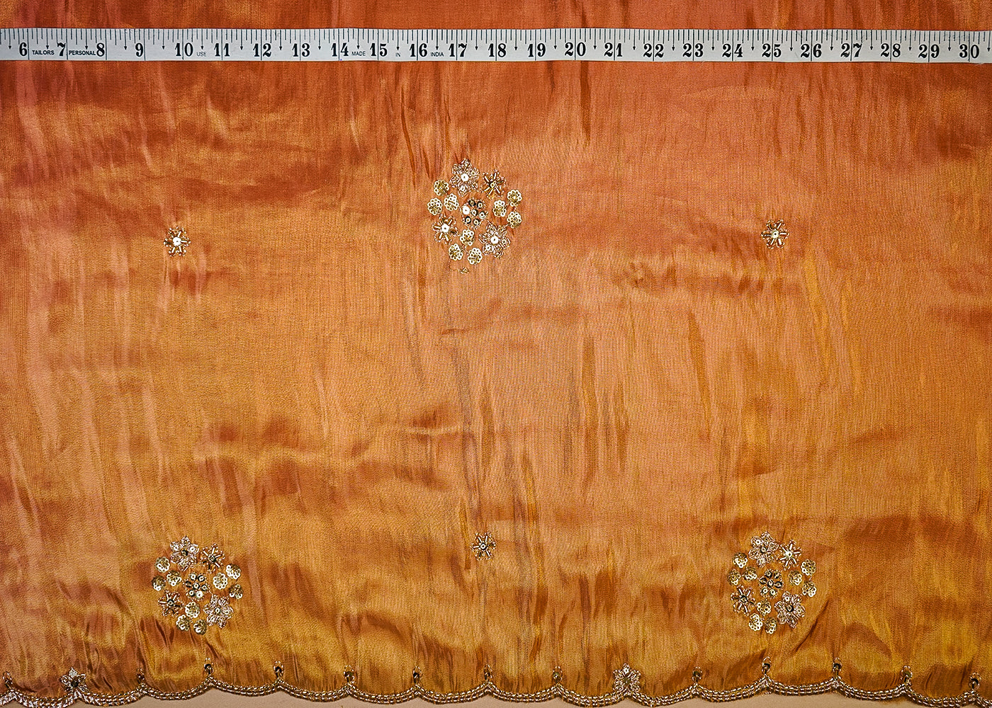 Pink & Dark Yellow Crepe Ombre Fabric With All Over Zari, Sequins And Bead Work With Two Side Scalloped Border 16544