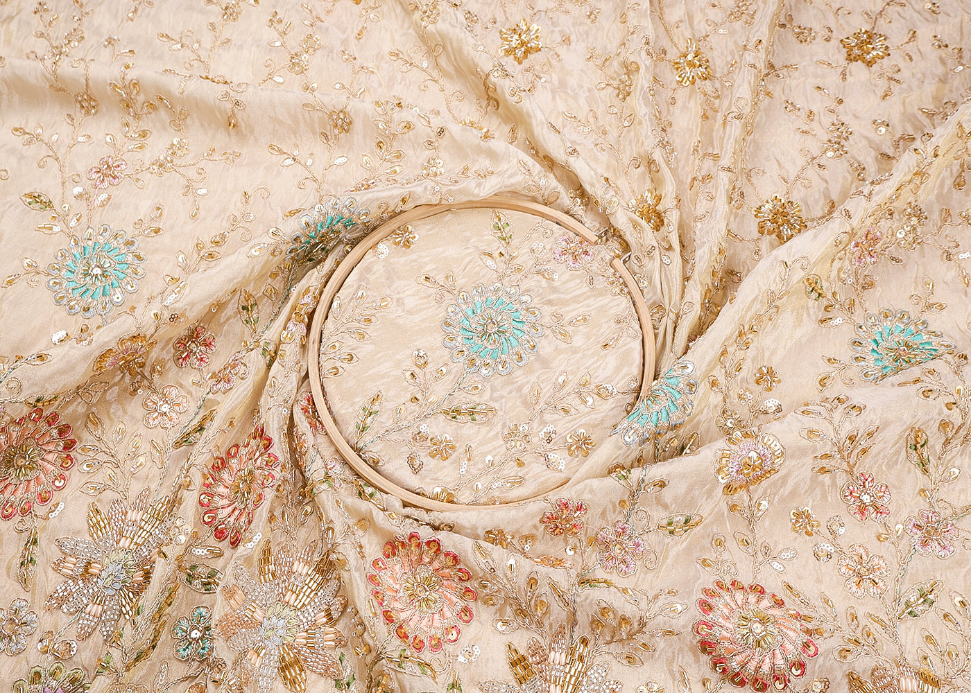 Golden Tissue Fabric With All Over Thread, Zari, Sequins, Bead And Katdana Work With One Side Border 16551
