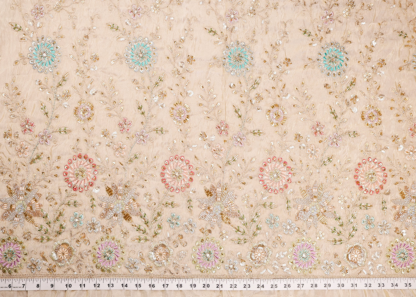 Golden Tissue Fabric With All Over Thread, Zari, Sequins, Bead And Katdana Work With One Side Border 16551