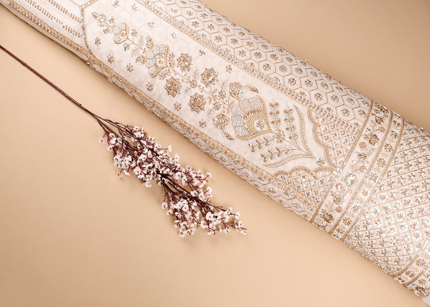 White Georgette Fabric With All Over Thread, Zari, Sequins, Bead And Katdana Work With One Side Border 16552